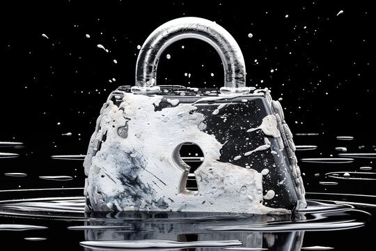 Frozen padlock in a wintry setting evokes the resilience and impenetrability of data security measures.
