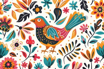 Obraz premium Folk Art Vector Pattern With Bird In Circle White Background 