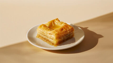 Golden Layered Baklava with Syrup on Plate