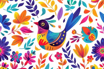 Fototapeta premium Folk Art Vector Pattern With Bird In Circle White Background 