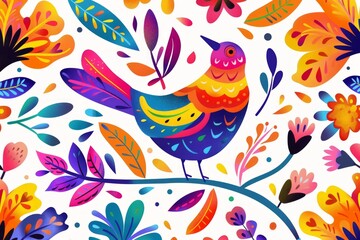 Naklejka premium Folk Art Vector Pattern With Bird In Circle White Background 
