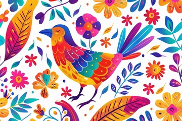Naklejka premium Folk Art Vector Pattern With Bird In Circle White Background 