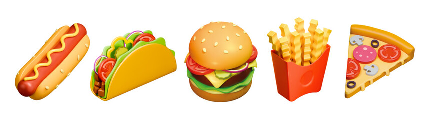 3d fast food realistic render icon set. Street food vector illustration