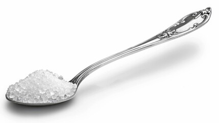 A silver spoon is filled with a heaping pile of granulated sugar.