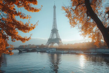 Eiffel Tower in morning light with autumnal trees by the river.