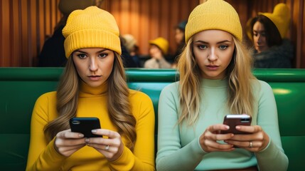 Fototapeta premium Two young women with puzzled expressions are trying to navigate a new smartphone app. Ideal for illustrating the challenges of learning new technology or digital tools.