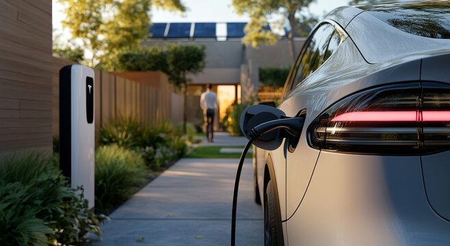 Electric car charging at an outdoor charging station, close up of red taillights reflecting light in raindrops, modern urban scene highlighting environmentally friendly technologies and sustainable en - Powered by Adobe
