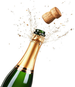 champagne splashing out of bottle isolated on a transparent background