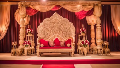 Opulent Indian wedding stage with intricate carvings and draped fabrics