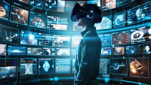 Young man with virtual reality headset on abstract digital background. Of futuristic technology experience. Game innovation. Human in cyberspace. Entertainment device.