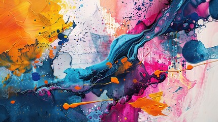Abstract Expressionism: A vibrant abstract art painting bursting with color and movement. Swirling hues of blue, pink, yellow, and orange create a dynamic and energetic composition. The abstract forms