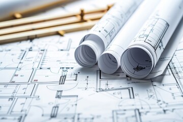 Architectural Blueprints and Technical Drawings on a Desk with Rolled Plans and Drafting Tools