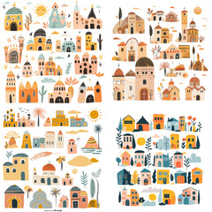 Four different sets of buildings with a sunny day in the background