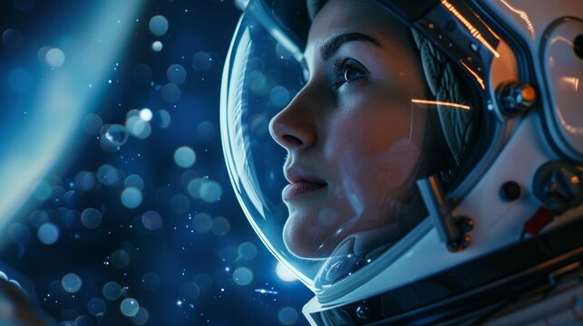 portrait of girl space pilot wearing a helmet with a subtle smile.  - Powered by Adobe