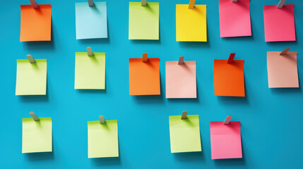 Colorful posit notes decoration on blue wall with copyspace for text