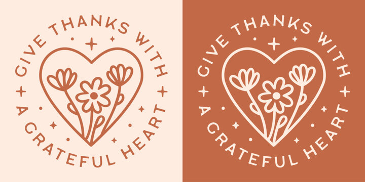 Give thanks with a grateful heart thanksgiving quotes sayings round sticker badge ornament design. Cute floral heart illustration fall season girly aesthetic printable greeting card decor cut file.