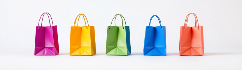 5 different colored paper shopping bags, white background, isolated from the edges of the canvas, high resolution, high quality, hyper realistic product photography in the style of professional studio