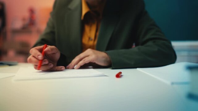 Close-up of female teacher grading students homework, tutor profession