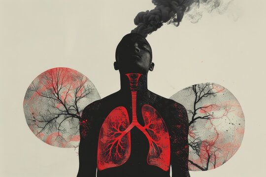 A mans lungs releasing smoke, illustrating the impact of smoking on respiratory health, Graphic design showcasing the human figure with bold, red lung motifs