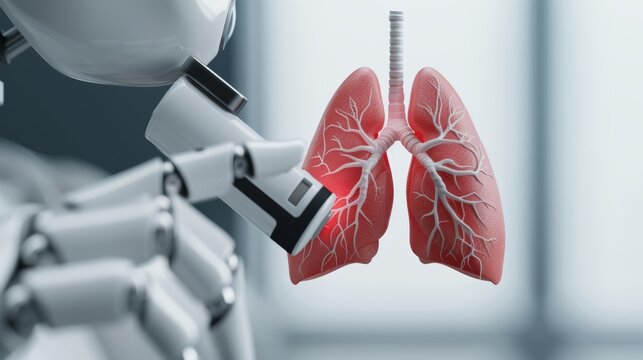 A medical robot using a high-tech device to measure a patients lung function in a respiratory care clinic, with copy space, high-resolution photo, realistic photo