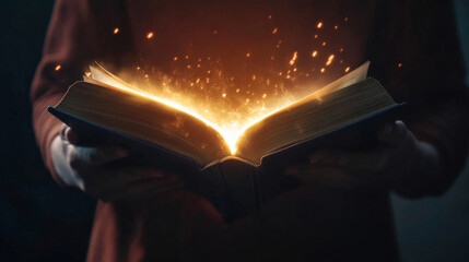 Woman holding glowing magic book with fairy lights