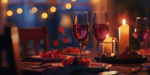 A pair of empty wine glasses sit on a table, ready for a social gathering or dinner party