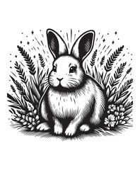 Rabbit  in grass vector style, black and white color