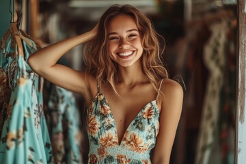 Naklejka premium Cheerful woman trying on a stylish dress in a boutique