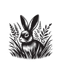 Rabbit  in grass vector style, black and white color
