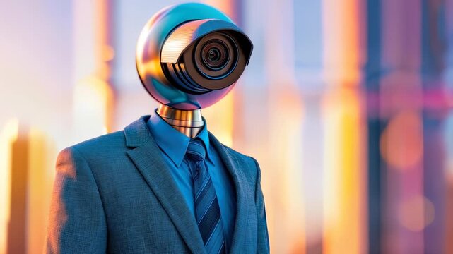 Robot wearing suit with security camera. Futuristic technology. Artificial intelligence surveillance cyborg. Machinery watching. Automated science fiction.