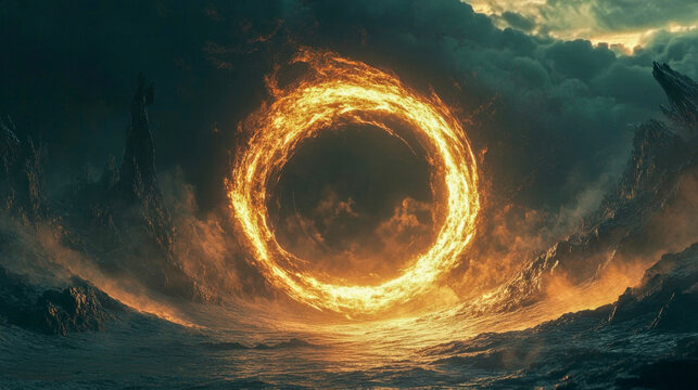 Ring of fire burning over stormy ocean representing karma concept