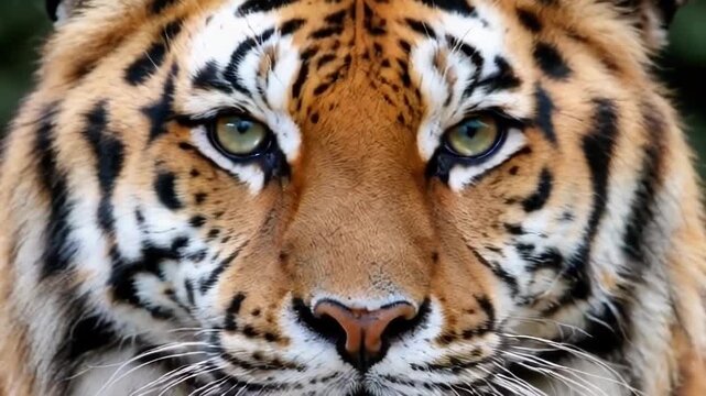 A close up view of a fierce tiger, showcasing its intense eyes and striking patterns in a lush natural setting