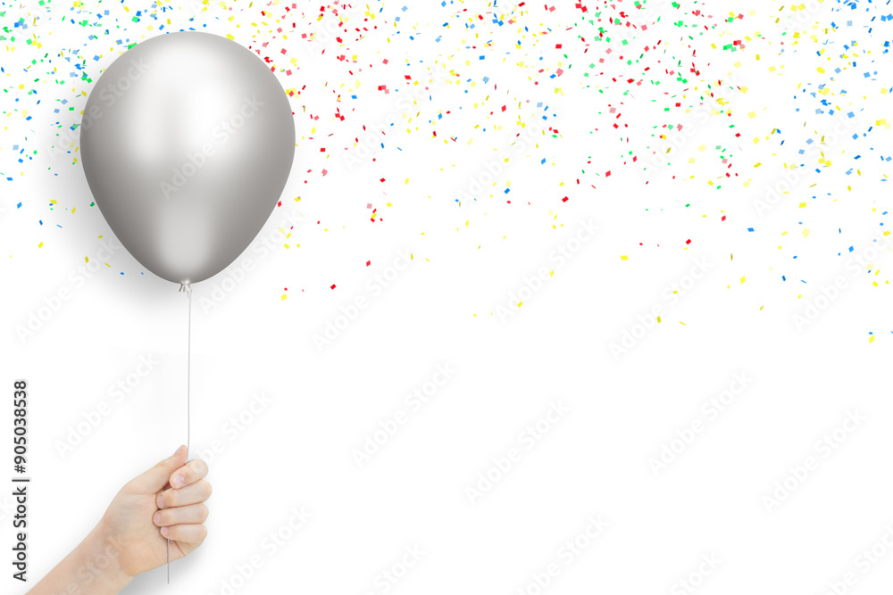 Poster female hand holds silver balloon on white background with confetti. empty space for text