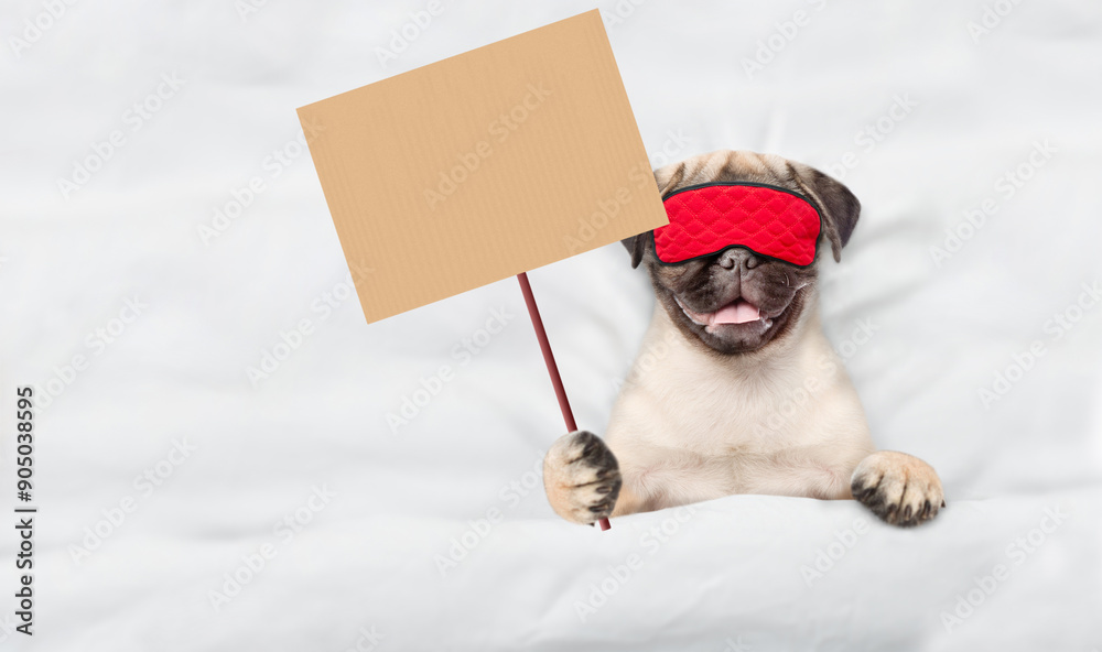 Poster cute pug puppy wearing sleeping mask sleeps on a bed at home and shows blank placard. top down view.