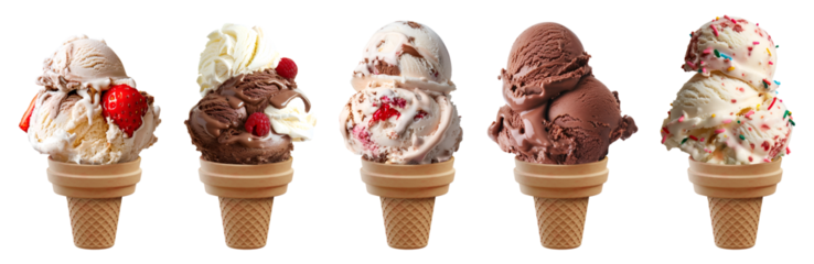 Ice cream double triple scoop, on waffle cake cone on transparent background cutout, PNG file. Many different flavour Mockup template for artwork design
