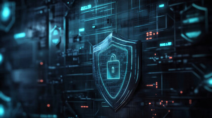 Digital shield protecting data with padlock on circuit board