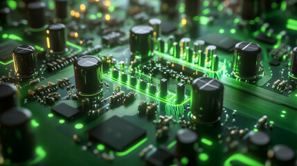 Obraz premium Green circuit board showing data flowing through integrated circuitry