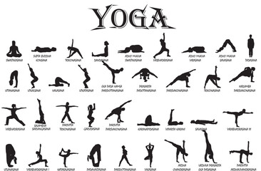 yoga people silhouette meditating in different pose 