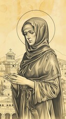 Fototapeta premium St. Barbara of Nicomedia Holding Tower in Ancient Nicomedia, Biblical Illustration, Beige Background, Copyspace , Biblical Illustration