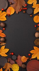 Autumn Leaves and Decorative Elements Framing a Dark Background