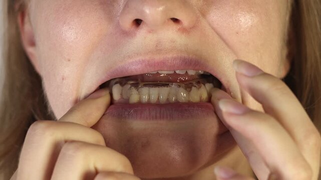 Woman puts dental splint guard in her mouth. TMJ splint disorder treatment. Occlusal splint. Prevent bruxism. Mouth guard for TMJ. Teeth protection. Pain in jaw. Teeth grinding.
