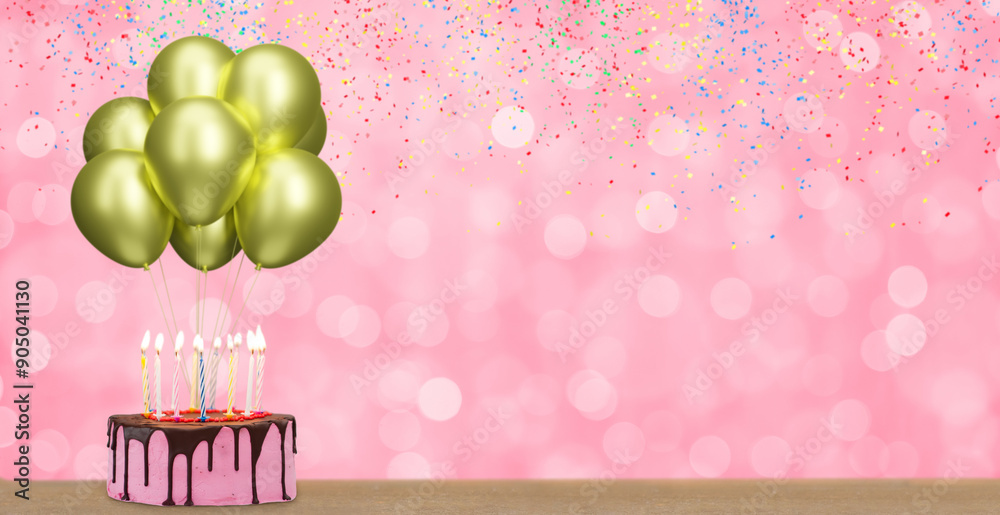 Poster birthday cake with bunch of golden or yellow balloons on blurred pink background. empty space for te