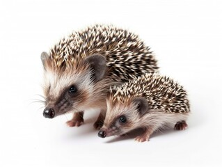 Obraz premium Two small hedgehogs sit side by side, their prickly bodies and cute faces capturing the moment of friendship
