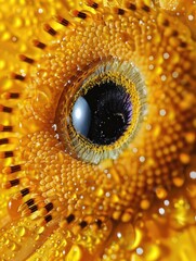 A macro shot of a yellow flower with water droplets adding shine and depth to the petals