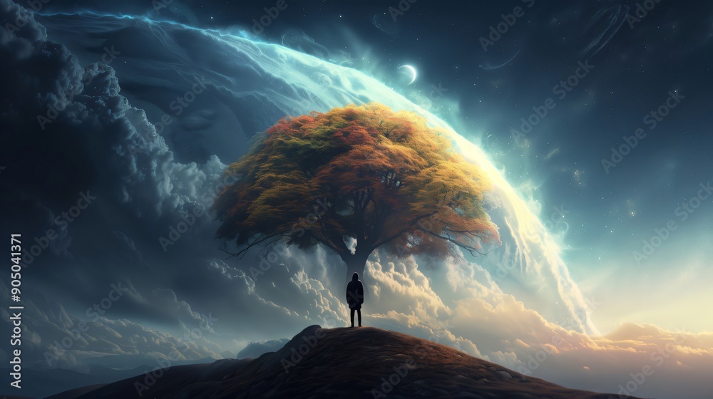 Wall mural man gazes at a towering tree and an alien planet on a hilltop, blending fantasy and nature in a surr