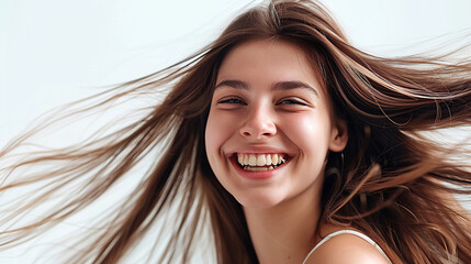 Fototapeta premium A beautiful woman with long hair smiling against a white background