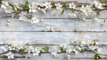 Spring blossoms on white wood background rustic composition