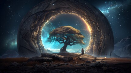 Lone figure in a mystical cloak is standing on a hilltop, gazing at a giant magic tree growing through a portal in a surreal landscape: backdrop with fantasy universe and spiritual cosmic gate