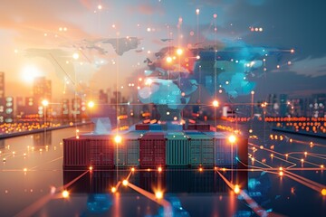Global Logistics Network with Shipping Containers and Digital World Map at Sunset