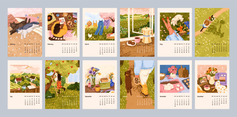 Calendar design for year, 12 months, seasons. Cute hygge style annual calender templates from january to december. Country nature, landscape, cozy home layouts for wall. Flat vector illustration